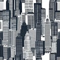 Stylized black and white cityscape seamless pattern with diverse buildings and skyscrapers Royalty Free Stock Photo