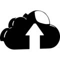 A stylized black and white cloud icon with a white arrow pointing upwards in the center isolated on transparent background Royalty Free Stock Photo