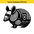 stylized black and white illustration of an armadillo, featuring a unique tribal pattern and a star emblem, isolated on white Royalty Free Stock Photo