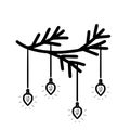 Christmas tree branch with hanging string light bulbs. Contour illustration of decorative baubles with flashing light. Royalty Free Stock Photo