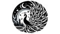 Stylized black and white illustration of a peacock featuring elab Royalty Free Stock Photo