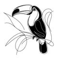 A stylized black and white illustration of a toucan amidst elegant swirls and lines
