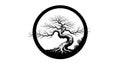 Stylized Black and White Illustration of a Twisted Tree within a Circle tree illustration Royalty Free Stock Photo