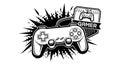 Stylized black-and-white illustration of a video game controller featuring a directi Royalty Free Stock Photo