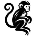 stylized black and white monkey graphic with upward curling tail.
