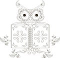 Stylized black and white reading owl, hand drawn