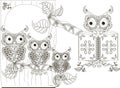 Stylized black and white reads owl and owlets on tree, hand drawn