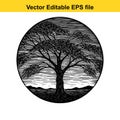 stylized black and white vector illustration of a mature tree with a dense canopy, set against a striped sky and distant hills Royalty Free Stock Photo