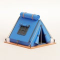 Blue camping tent with orange base and rolled sleeping bag on top against a light background Royalty Free Stock Photo