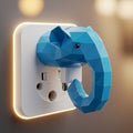 A stylized blue elephant-shaped plug adapter is inserted into a wall socket. The Royalty Free Stock Photo