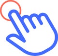 Stylized blue hand cursor is touching a red button, representing a click or interaction with a digital interface