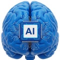 Stylized Blue Human Brain with Integrated AI Microchip and Circuitry on White Background Royalty Free Stock Photo