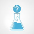 Stylized blue illustration of a laboratory flask with a question mark inside a circle above it. The Royalty Free Stock Photo
