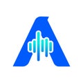 A stylized blue letter a incorporating audio waveform logo elements representing sound technology Royalty Free Stock Photo