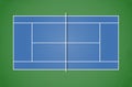 Stylized blue tennis court with green surroundings