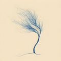 Stylized blue tree silhouette bending in the wind against a soft beige background Royalty Free Stock Photo