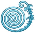 Stylized Blue Water Wave Spiral with Decorative Scroll Ornament Royalty Free Stock Photo