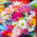 Stylized bouquet of chamomile,lily,gerbera on rainbow,grunge stained dynamic wavy background Royalty Free Stock Photo