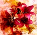 Stylized bouquet of red lilies on grunge  striped colorful background Royalty Free Stock Photo