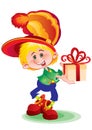 Stylized boy in a big hat carry a box with a gift, isolated object on a white background, vector illustration Royalty Free Stock Photo