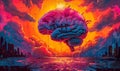 Stylized brain shaped cloud with sunburst and dripping paint, representing creative thinking, bright ideas, and brainstorming Royalty Free Stock Photo