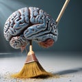 A stylized brain supported by a broom sweeping debris off a surface Cleaning Mental Royalty Free Stock Photo