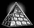 Stylized brick pyramid of Masons with an all-seeing eye. Vector monochrome illustration. Black background