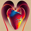 Stylized bright medical heart. Abstract anatomical heart. Heart with arteries. AI-generated