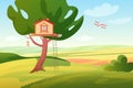 Stylized bright summer rural fields sunny panoramic landscape with a wooden children tree house and ladder, plane