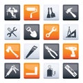 Stylized Building and Construction work tool icons over color background