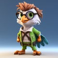 Stylized Cartoon Archaeopteryx Game Character With Glasses