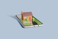 A stylized cartoon house for sale rising up from a mobile phone. Concept of online real estate. Buying and selling home online.