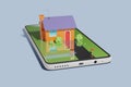 A stylized cartoon house for sale rising up from a mobile phone. Concept of online real estate. Buying and selling home online.