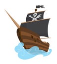 Stylized cartoon pirate ship illustration with Jolly Roger and black sails. Cute vector drawing. Pirate Ship sailing on Royalty Free Stock Photo