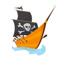 Stylized cartoon pirate ship illustration with Jolly Roger and black sails. Cute vector drawing. Pirate Ship sailing on Royalty Free Stock Photo