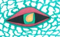 Stylized cartoon scarlet eye with a light of candle inside