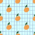 Stylized cartoon seamless pattern with doodle orange mandarin silhouettes. Light blue chequered background. Simple food backdrop Royalty Free Stock Photo
