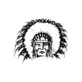 Stylized cartoon sketch North American Indian chief redskin man , face, isolated on white