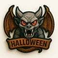 Terrifying Halloween gargoyle monster emblem with orange eyes and banner creature Royalty Free Stock Photo