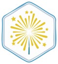 Stylized celebratory firework burst with glowing yellow stars in a unique blue bordered hexagon emblem Royalty Free Stock Photo