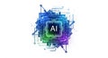 Central processing unit chip with AI text and glowing circuit board pathways in blue and green on white Royalty Free Stock Photo