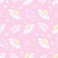 Stylized chamomiles, leaves and branches, pink pastel tender background