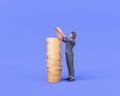 Stylized Character Woman Placing Coin on Top of Money Stack on Blue Background