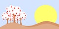 Stylized cherry trees on hill isolated