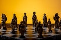 Stylized chess pieces on a board with orange background and selective focus