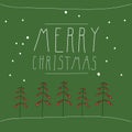 Stylized Christmas tree with balls on a green background. The inscription Merry Christmas hand drawn