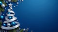 Stylized Christmas Tree with Blue Ornaments and Silver Ribbon on Deep Blue Background Royalty Free Stock Photo