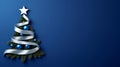 Stylized Christmas Tree with Blue Ornaments and Silver Ribbon on Deep Blue Background Royalty Free Stock Photo