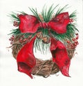 Stylized Christmas wreath as a festive attribute. Hand drawn watercolors on paper textures