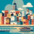 Stylized cityscape and Cruise, retro-colored European city travel vector illustration